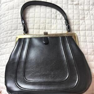 Vintage Garay  Black Leather Handbag with Gold Frame Purse